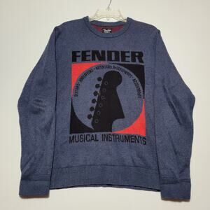 Fender Guitar Lucky Brand Logo Sweatshirt Medium Sweater Men's Blue Long Sleeve